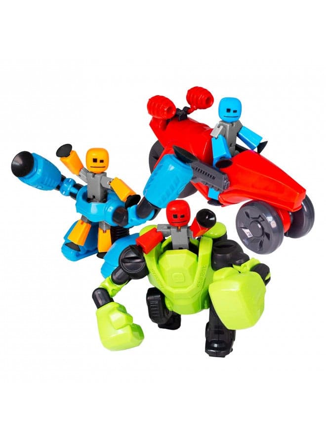StikBot Zing Megabots 3 Pack, Complete Set of 3 Poseable Action Figures and Mega Vehicles, Turbo Cycle, Knockout and Avalanche