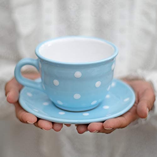 City to Cottage Handmade Light Sky Blue and White Polka Dot Large Ceramic 12oz350ml Cappuccino Coffee Tea Cup and Saucer Unique Designer Pottery Gift for Tea Lovers