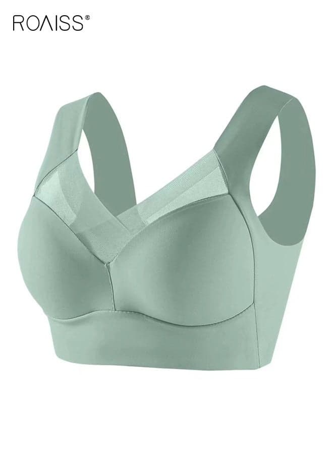Women's Lingerie, Ice Silk Seamless Push-Up Anti-Exposure Bra, Double-Strap Backless Wire-Free Sports Bra, Lightweight Style, Green