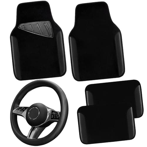 CAR PASS Microfiber Leather Steering Wheel Cover and Waterproof Car Floor Mats,Universal Car Combo Fit for 95% Sedan,SUV,Cars,14.5-15inch Anti-Slip Safety Comfortable Faux Leather Design(Solid Black)