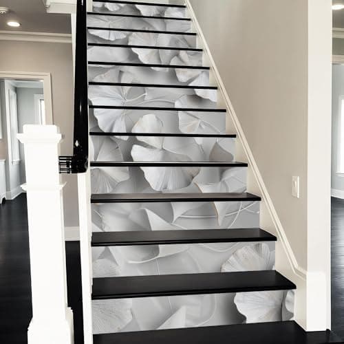 REDAMANCY Modern 3D White Gingko Leaf Abstract Art Peel and Stick Vinyl Stair Riser Decals Staircase Tile Stickers Decor Modern Marble Decoration Self-Adhesive(14 Pcs)