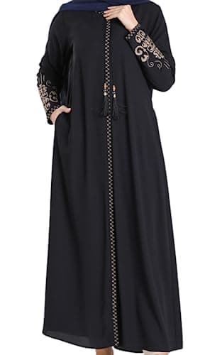 Women's Embroidered Sleeves Abaya and Embroidered On The Side of The Zipper Long Sleeve Floor Length Turkish Islamic Fashion (Navy Blue, XX-Large)