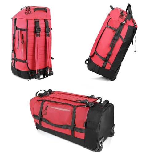 Vomgomfom 86L Foldable Duffle Bag with Wheels - Waterproof Rolling Travel Bag, Collapsible Luggage No Telescopic Handle, for Men Women Camping Sports Weekend Trips,Red