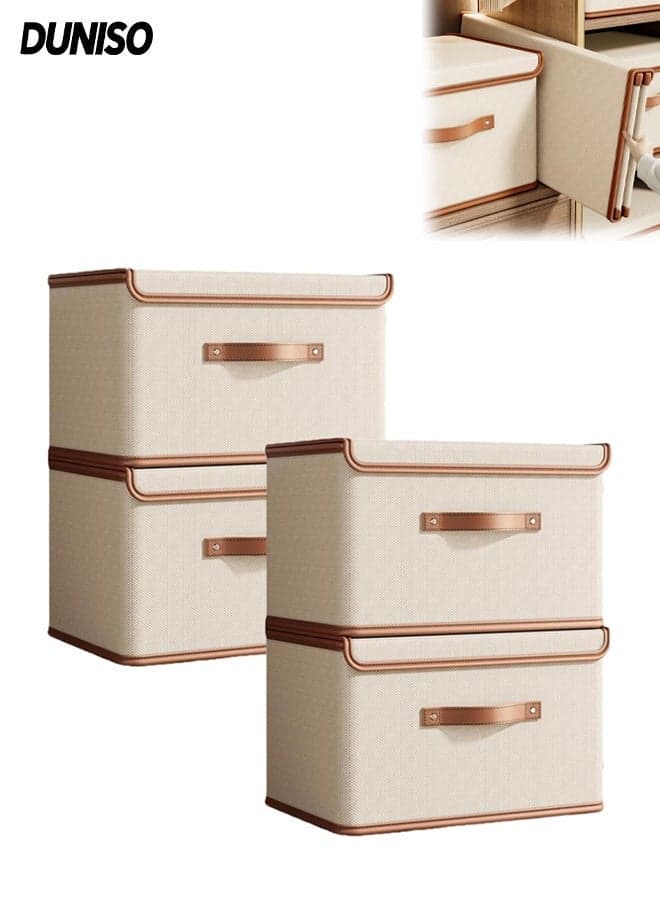 Set of 4 Beige Lidded Storage Bins,Collapsible Fabric Wardrobe Storage Bins,Large Crates with Attached Lids, Drawer Organizer for Closet, Clothes, Books(44x30x29 cm)