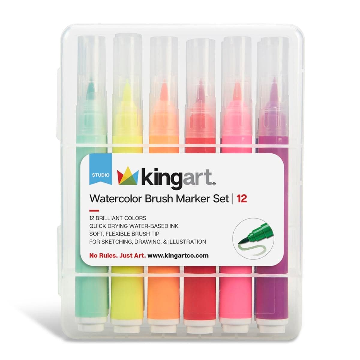 KINGART 40512 Brush Tip Watercolor Illustration Markers With Case 12 Colors Wide Barrel for Easy Hold Waterbased NonToxic Ink Soft Flexible Tip for Graphic Sketch Comic Art Manga Lettering