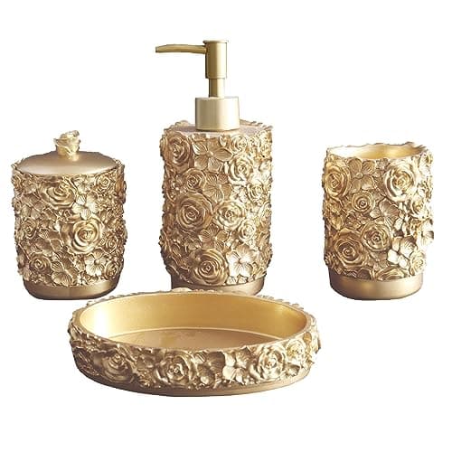 Hymmah Gold Bathroom Accessories Set,Rose Design Bathroom Set,Farmhouse Bathroom Decor,4 Pcs Resin Gift Set Apartment Necessities, Contain Cotton Swab Jar,Soap Dispenser,Soap Dish,Tumbler White