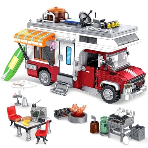 NEWABWN Camper Van Building Set Compatible with Rvs Camper Vehicles Summer Beach Holiday Camping Car Building Toy with Light Gift for Adults and Boys Girls Kids Teens 812 924 PCS