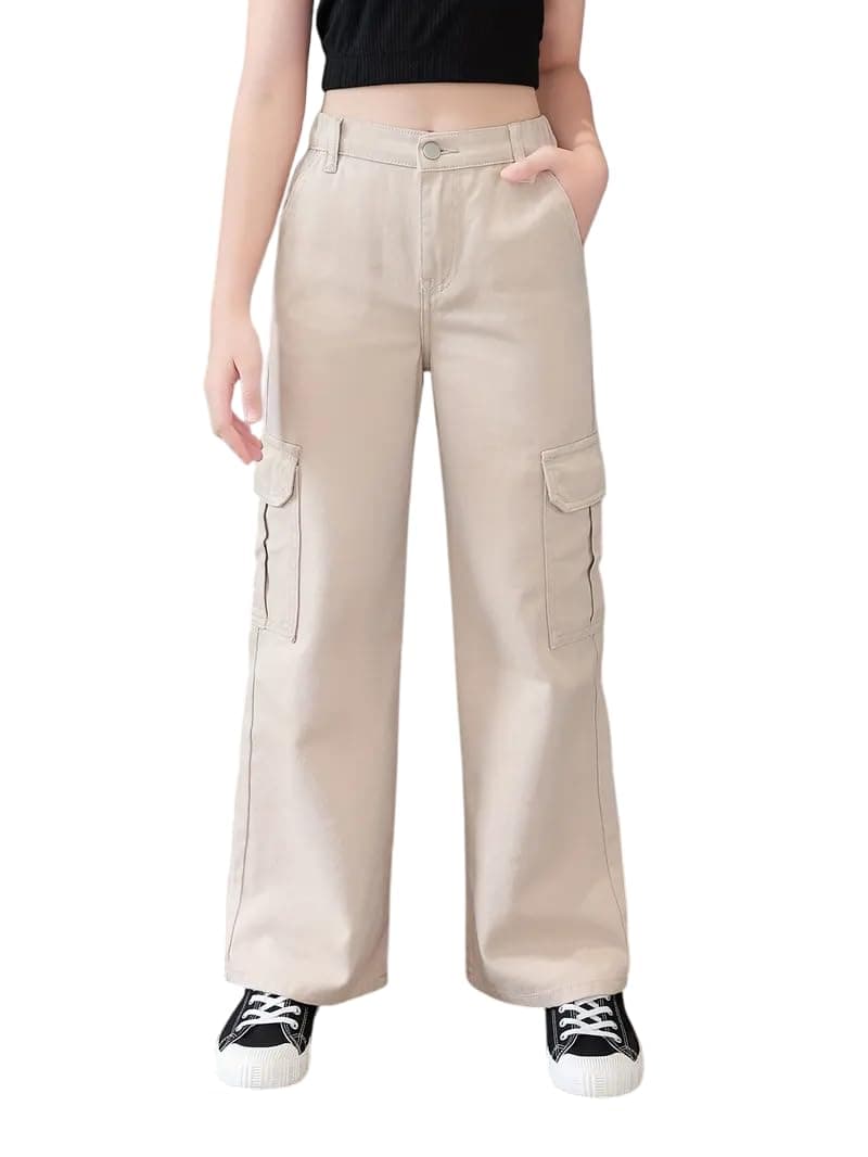 ADBUCKS Stretchable High Rise Cargo Style Wide Leg Jeans for Girls II Girls Jeans (in, Age, 11 Years, 12 Years, Beige)