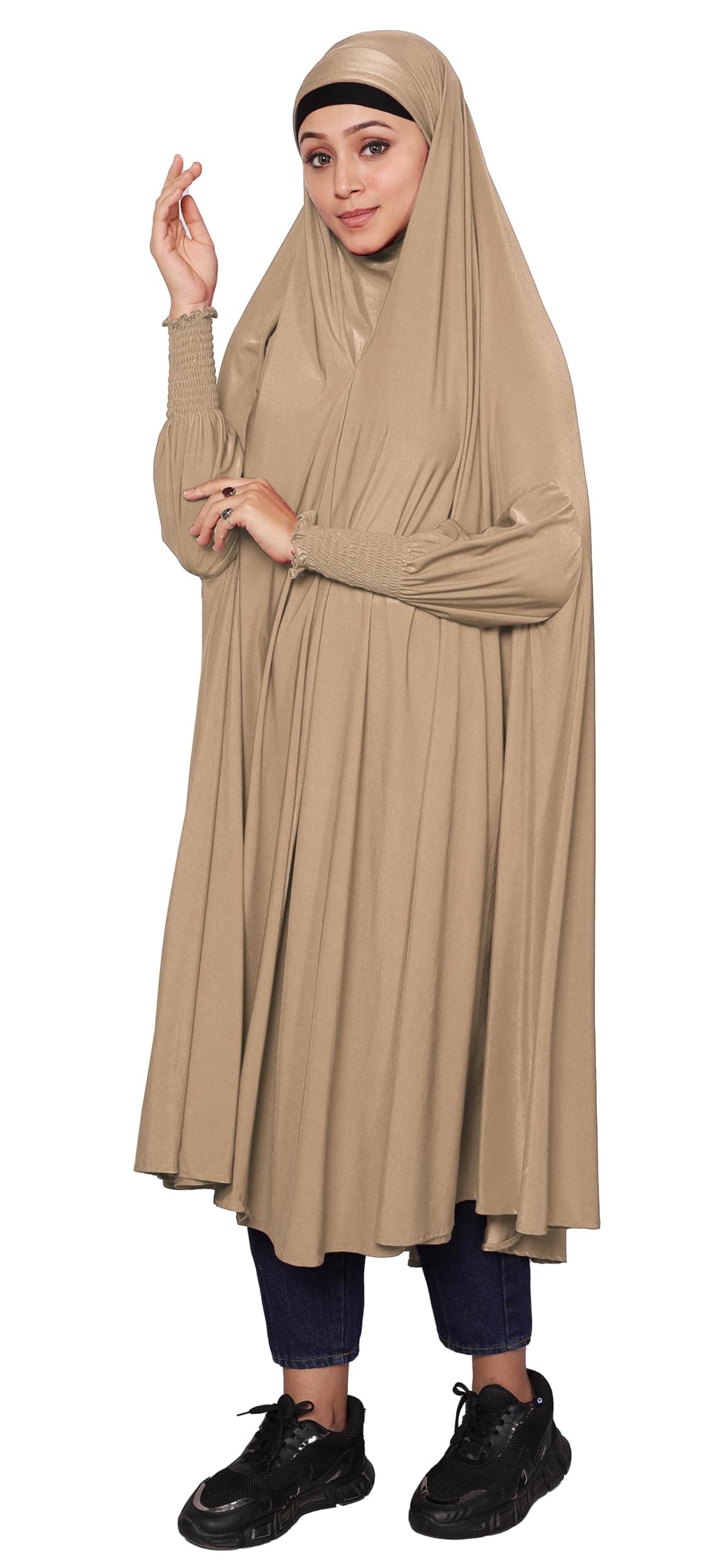 ICW Women Stretchable Jersey Smoking Sleeve Jilbab Cum Prayer khimar Hijab (Free Size) 60 Inch (Off-White)