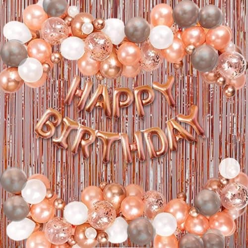 HK balloons Rubber 58 Pcs Set Rose Gold Happy Birthday Banner Balloon Arch Decoration Set With Confetti Balloon Pump For Birthday Decorations Rose Gold Birthday Decoration Theme For Girl