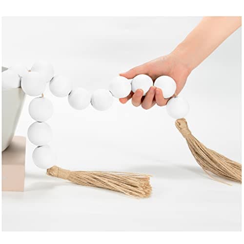 OMISHE 76" Long Extra Large Wood Bead Garland with 1.6" Diameter Wooden Beads and Tassels, Rustic Farmhouse Country Decorative Beads for Home Tiered Tray Decor, White