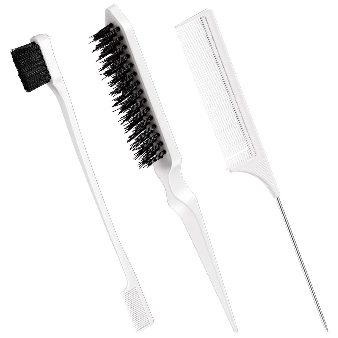 Geiserailie 3 Pcs Slick Back Hair Brush Set Bristle Brush Edge Control Teasing Comb for Women Black HairWhite