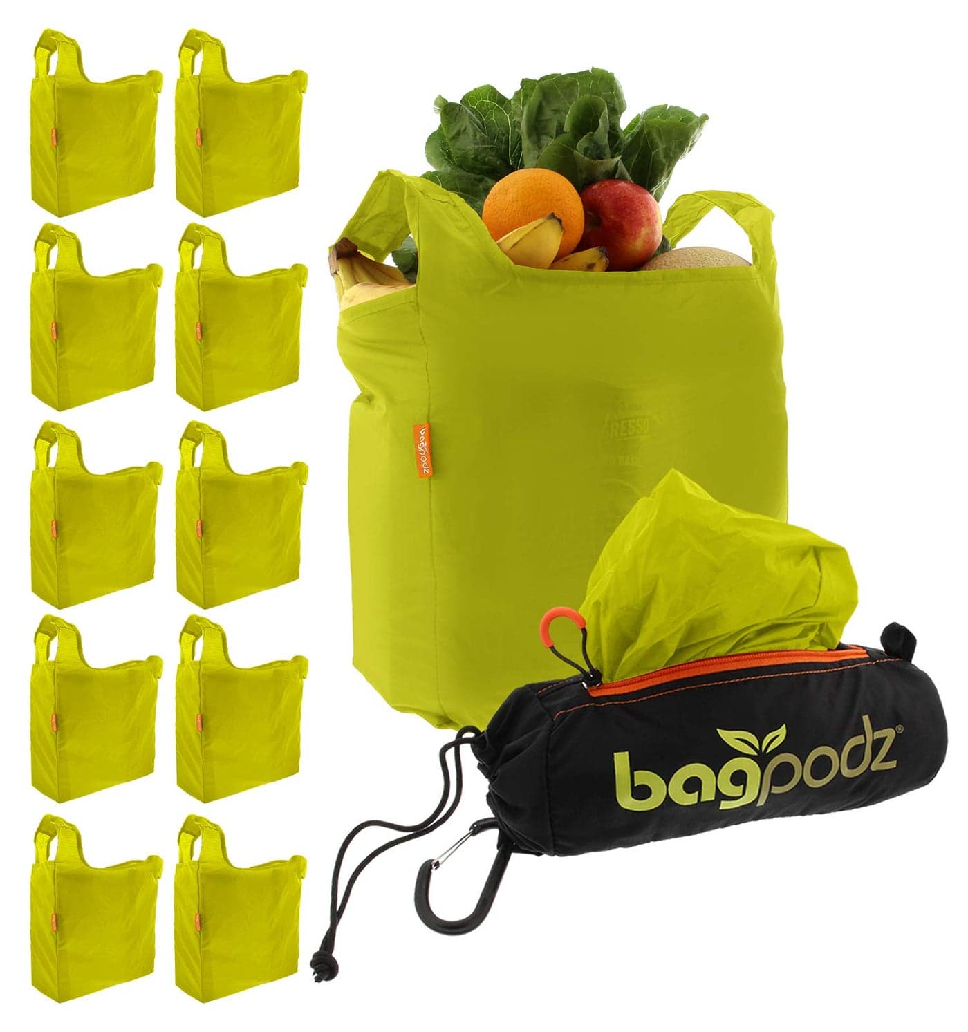 Sturdy Reusable Grocery Bags Foldable and Washable Made From RipStop Nylon Hold 50lbs Designed in USA Reusable Shopping Bags Inside a Compact Pod with Carry Clip 10 Pack in Green