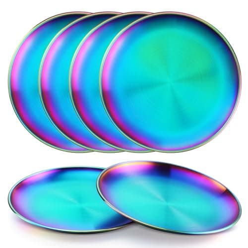 LIANYU 304 Stainless Steel Plate Set of 6, 8 Inch Kids Toddler Small Dinner Plates, Rainbow Metal Dishes for Camping Party Serving Balance Diet, Oven & Dishwasher Safe, Colorful