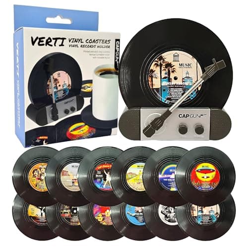 Funny Retro Vinyl Record Coasters, Creative Drink Coasters Set of 12 for Music Lovers, Housewarming Hostess Gifts, Birthday and White Elephant Gifts Ideas (V03)