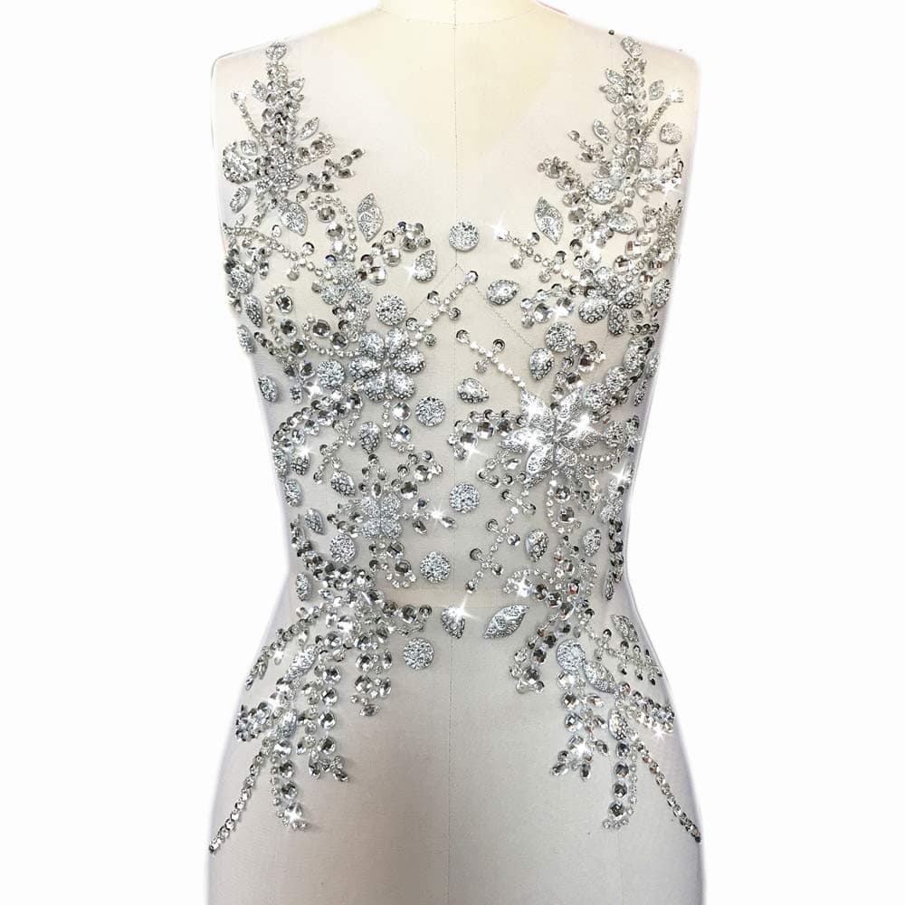 Sew on Sequin Crystal Rhinestones Beaded Clothes Appliques and Back Patches for Sewing Clothes Wedding Bridal Dress Decorative Silver 12x21 inch