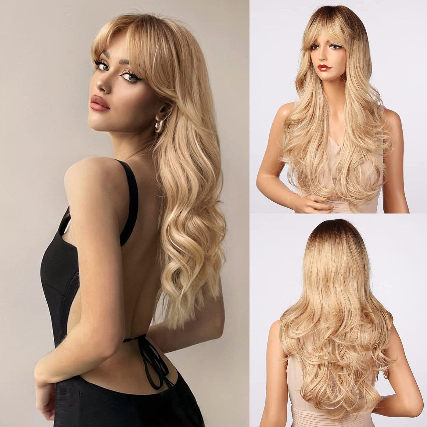 Honygebia Blonde Wig with Bangs Long Wavy Ombre Curtain Bang Wigs for White Women Light Ash Blond Dark Roots Synthetic Heat Resistant Hair Natural Cute Strawberry Wigs for HalloweenChristmas