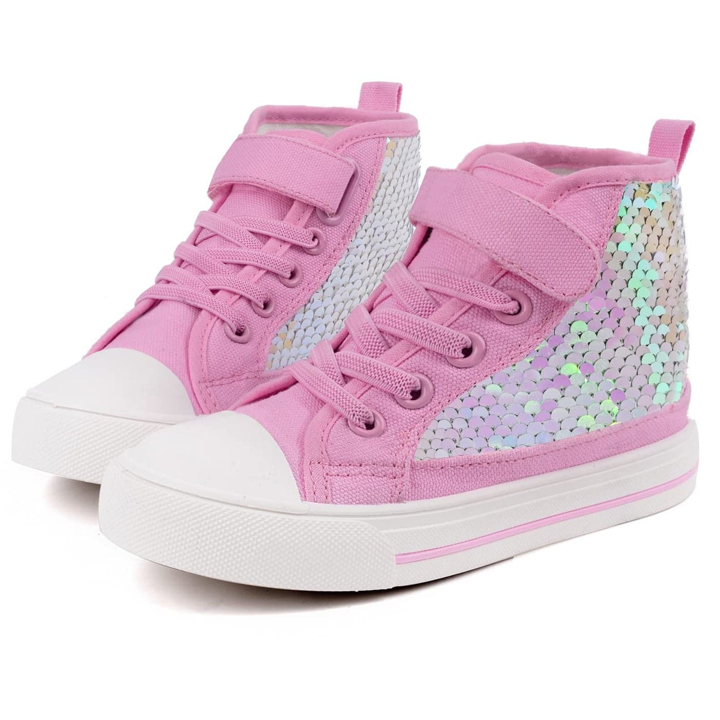 Toandon Little Girls Kids Canvas Shoes Sneakers for Toddler Color Change Flipping Sequins Glitter Sparkle High Top Adjustable Hook Loop Straps Velcro Non Slip Lightweight Walking Pink Size 12