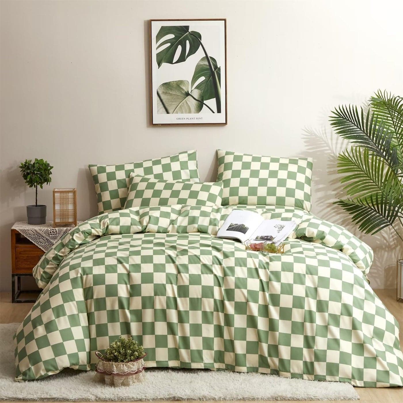 Houseri Plaid Duvet Cover Twin Size Kids Bedding Sets White Green Grid Beige Green Buffalo Checkered Gingham