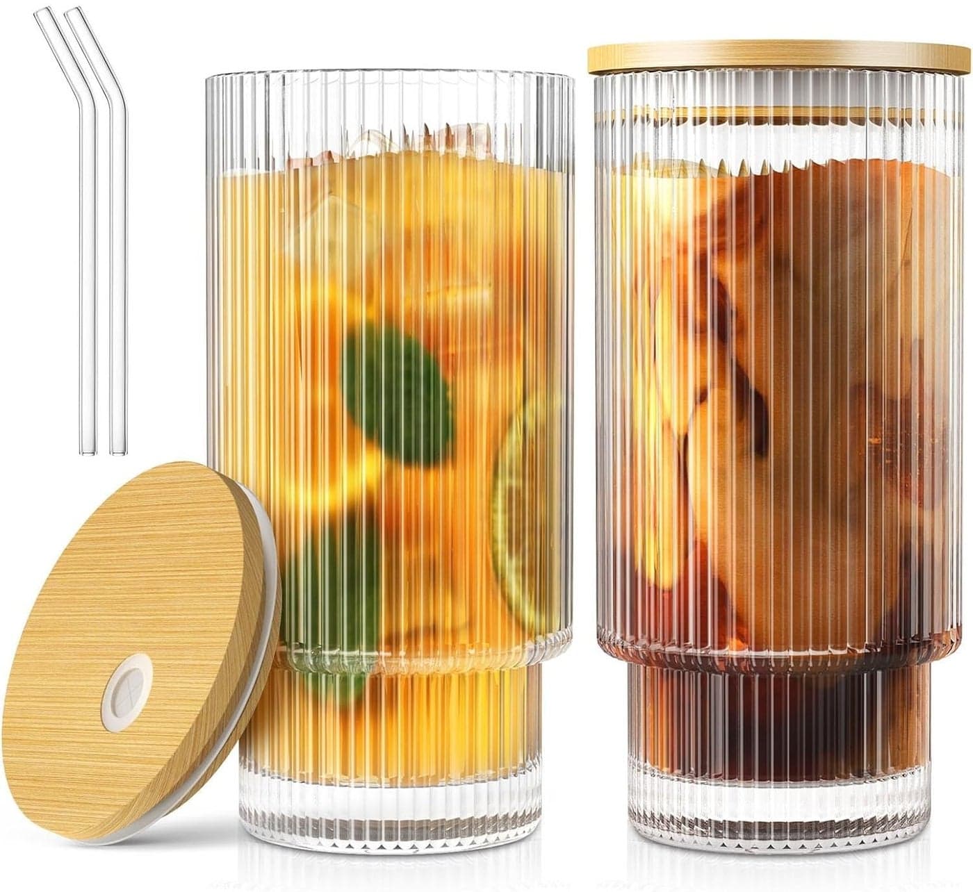 ASHASHA Ribbed Glass Coffee Sipper with Wooden Lid and Straw Pack of 2Multipurpose Drinking Tumbler for Juice Soda Smoothies Cocktail Home Travel Mugs 2