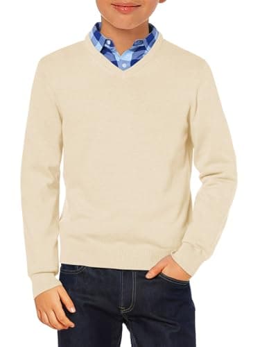 Haloumoning Boys School Uniform Sweater Kids Long Sleeve V Neck Pullover Fall Winter Clothes 5-14 Years Beige
