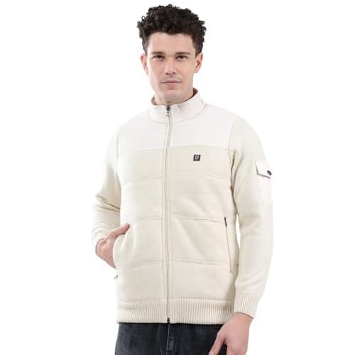 Monte Carlo Men's Regular Fit Jacket | Self Design Pattern | Zipper Closure with Full Sleeve Mock Neck Winter Jacket for Men's White XXL (Pack Of 1)