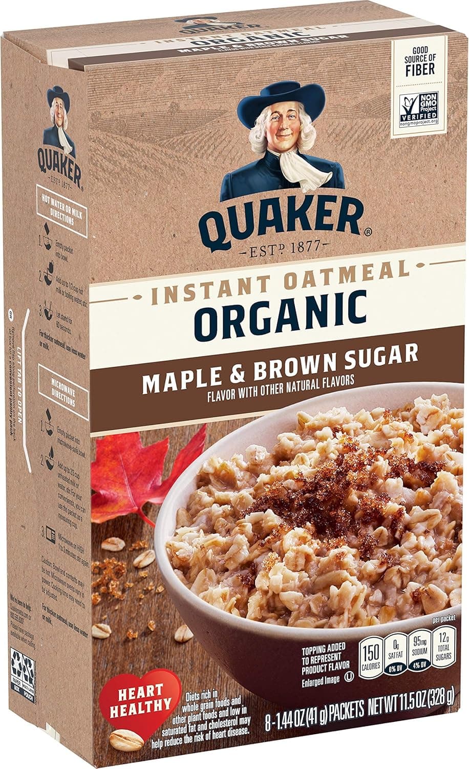 Quaker Organic Instant Oatmeal, Maple & Brown Sugar, Breakfast Cereal, 8 Packets