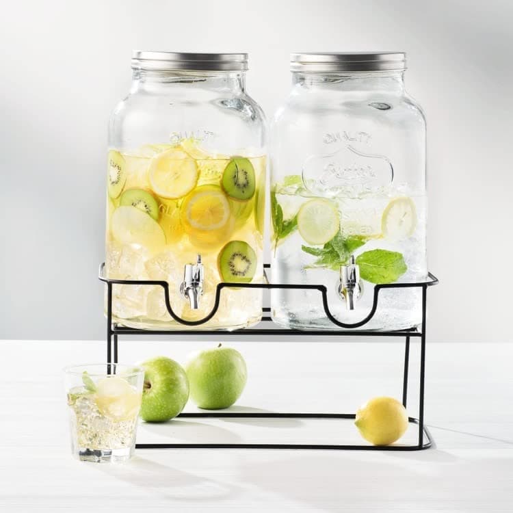 LVOOK Twins Black Stand Beverage Dispenser – Dual 3L Transparent Jars for Ice Tea, Water, Juice, Mocktail & Beer – White Base