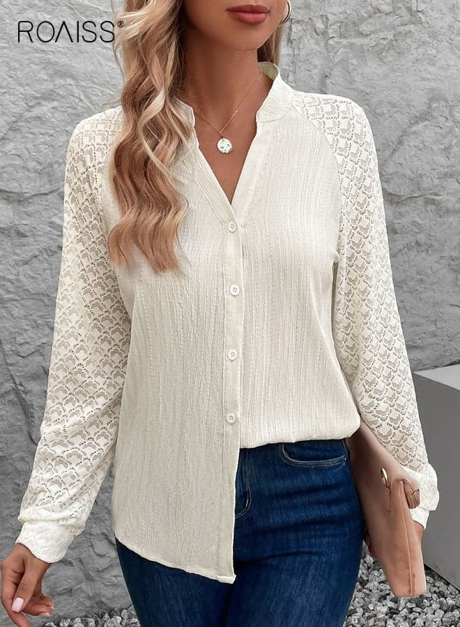2025 Fall Women's Long-Sleeve Shirt Featuring lace sleeve details and an elegant V-neck with a patchwork design, Loose-fitting button-down top suitable for both office work and casual occasions, Apricot