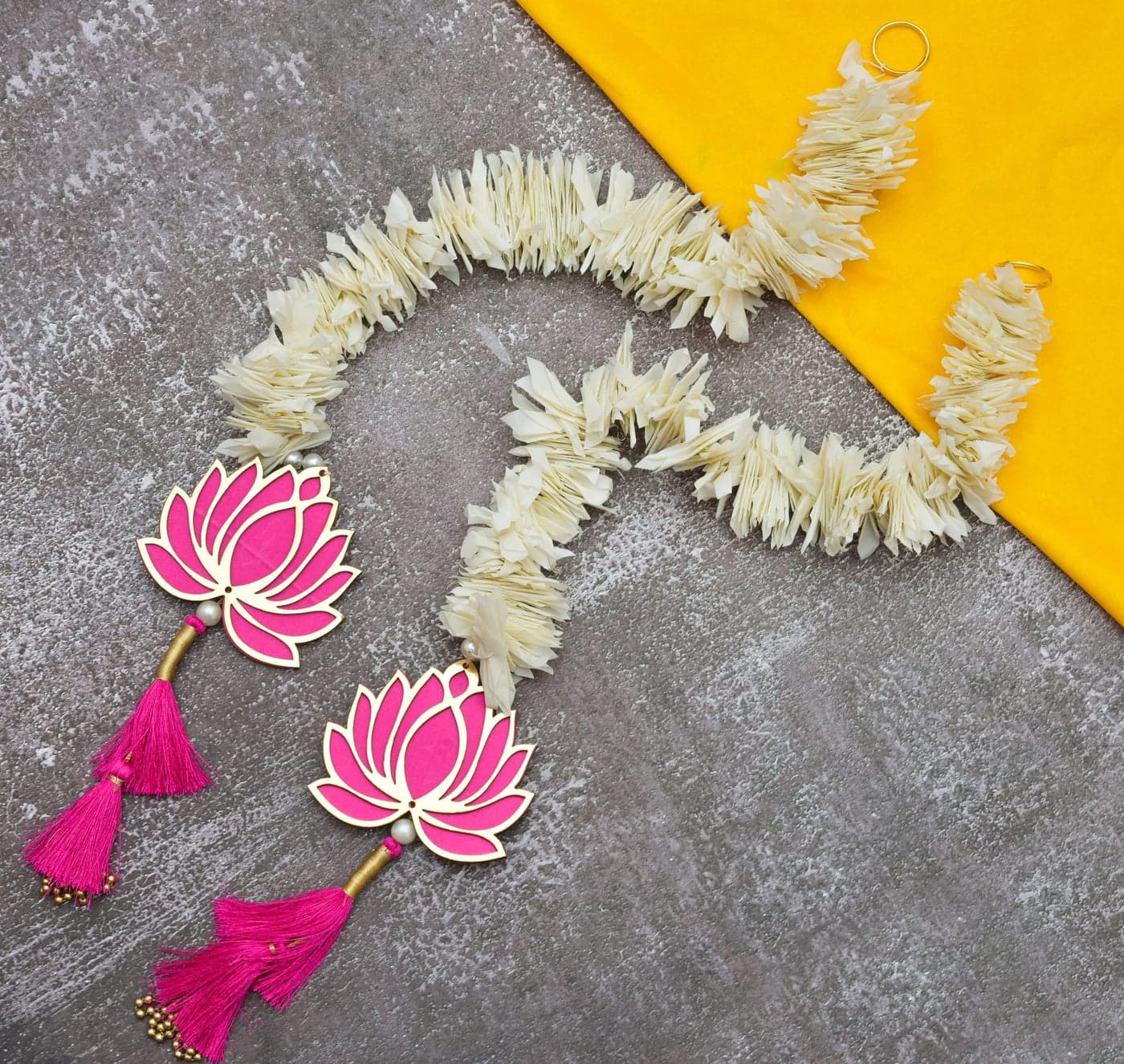 BENAVJI Handmade Artificial Mogra Garland with Lotus Hanging for Decoration ? White Flower Strings with Pink Lotus & Tassel for Home Temple, Diwali, Pooja Room, Wedding & Festival Decor (Set of 2)