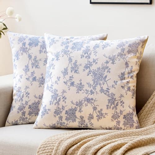 Aiimart Cotton Pastoral Floral Throw Pillow Covers 18x18 Set of 2, Square Farmhouse Style Soft French Blue Outdoor Decorative Pillows for Couch Bed Chair Living Room Farmhouse Decor, (Blue, 18x18)