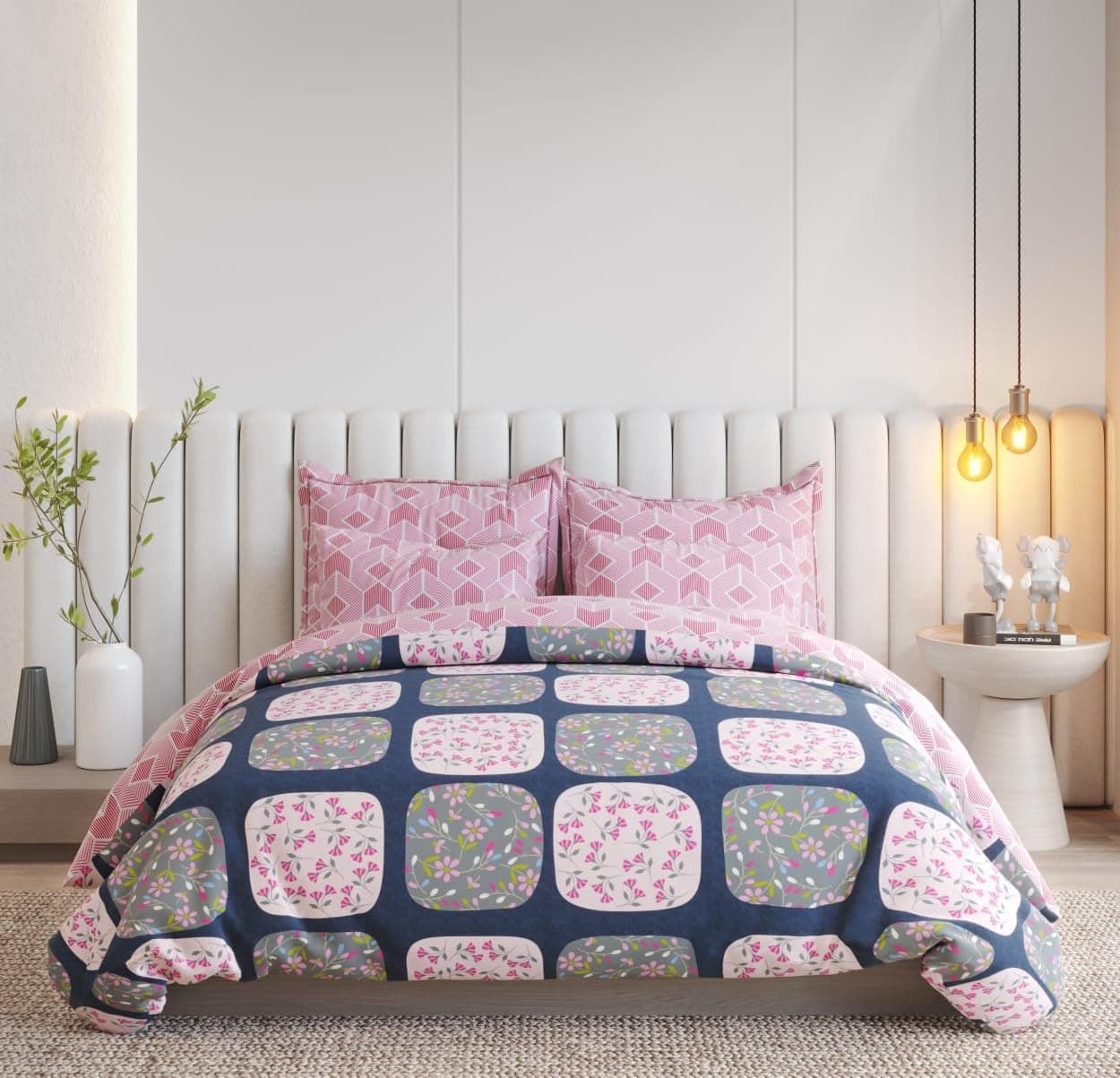 la' amour Super Premium Quilt Cover Double Bed with Zipper Blanket Cover/rajai Cover/Comforter Cover/Duvet Cover King Size Soft Glace Cotton Warm & Cozy Stuff 90x100 Inches, Pink Grey