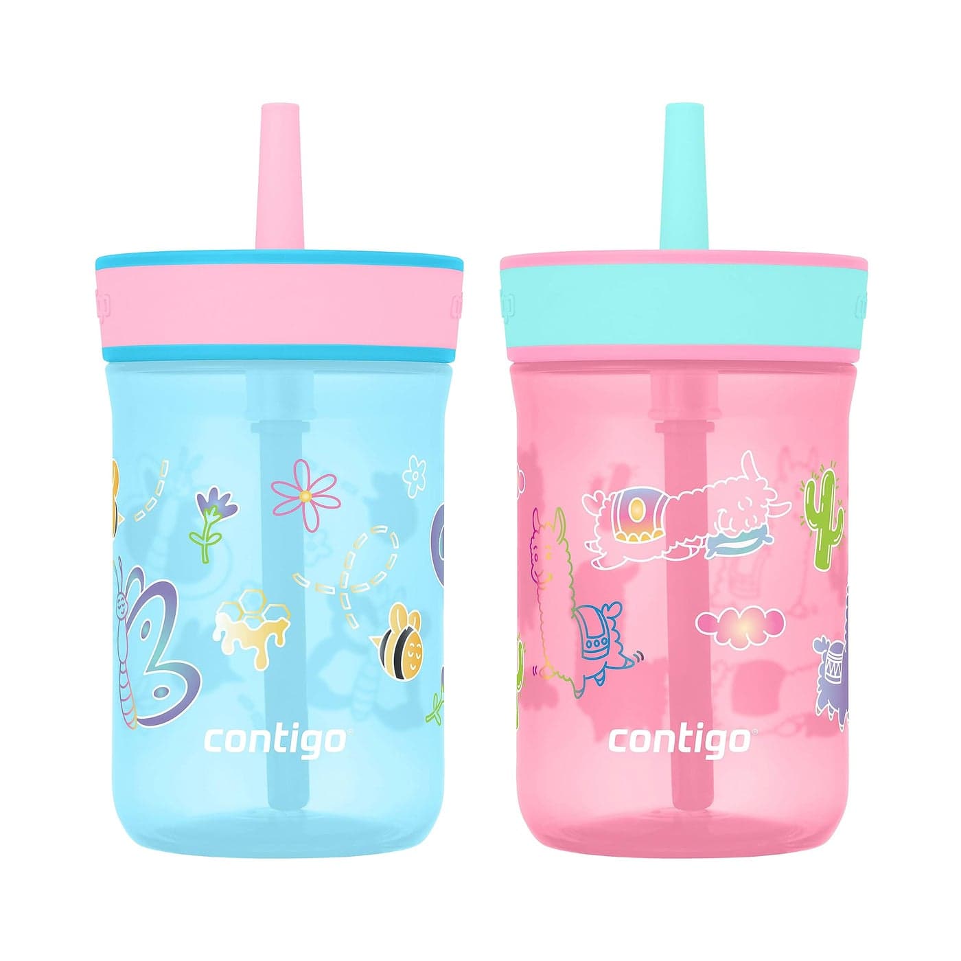 Contigo Leighton Kids Plastic Water Bottles SpillProof Tumblers with Straw Dishwasher Safe 14oz 2Pack in Blue RaspberryButterflies AzaleaLlamas Themes Ideal for Toddlers and Older Kids