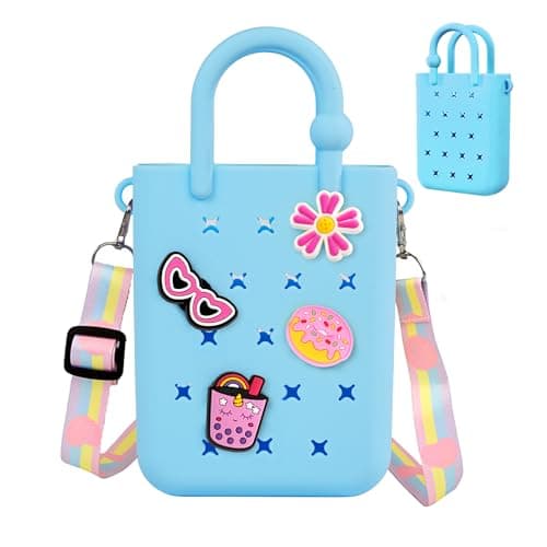Mini Rubber Tote Bag, EVA Waterproof Beach Tote for Little Girls And Woman, Silicone Hole Small Bag for Travel Outdoor, Cute Rubber Beach Bag with 20 Charms & Adjustable Shoulder Strap