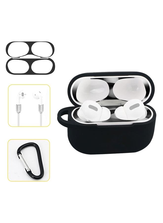 Case Cover For AirPods Pro Silicone Wireless Earphone Protective Case Storage Box with Hook & Anti-drop Rope Black+Black Inner Sticker