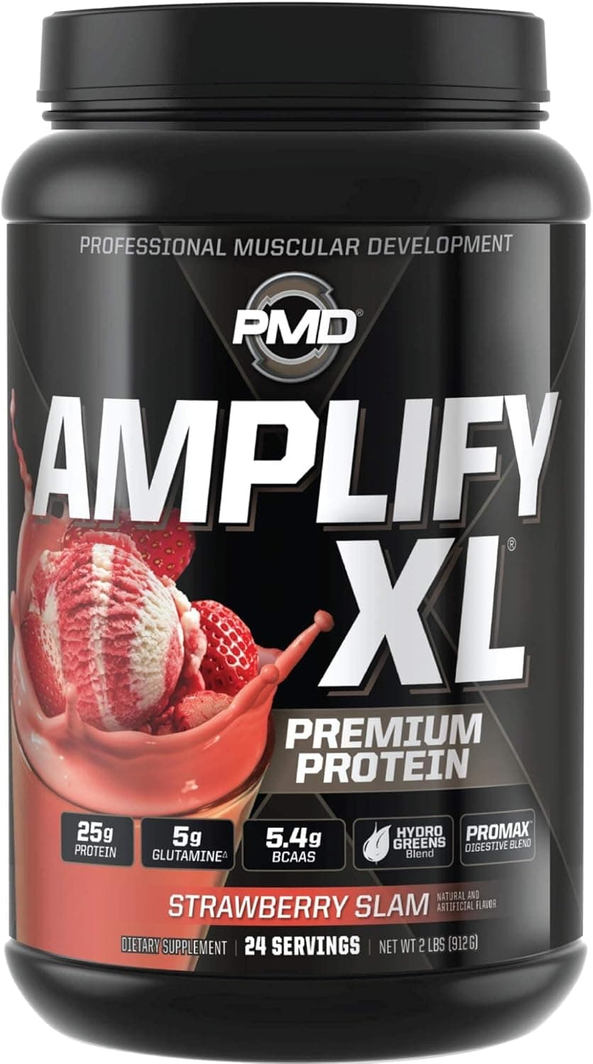 PMD Sports Amplify XL Premium Whey Protein Supplement Hydro Greens Blend Glutamine and Whey Protein Matrix with Superfood for Muscle Strength and Recovery Strawberry Slam 24 Servings