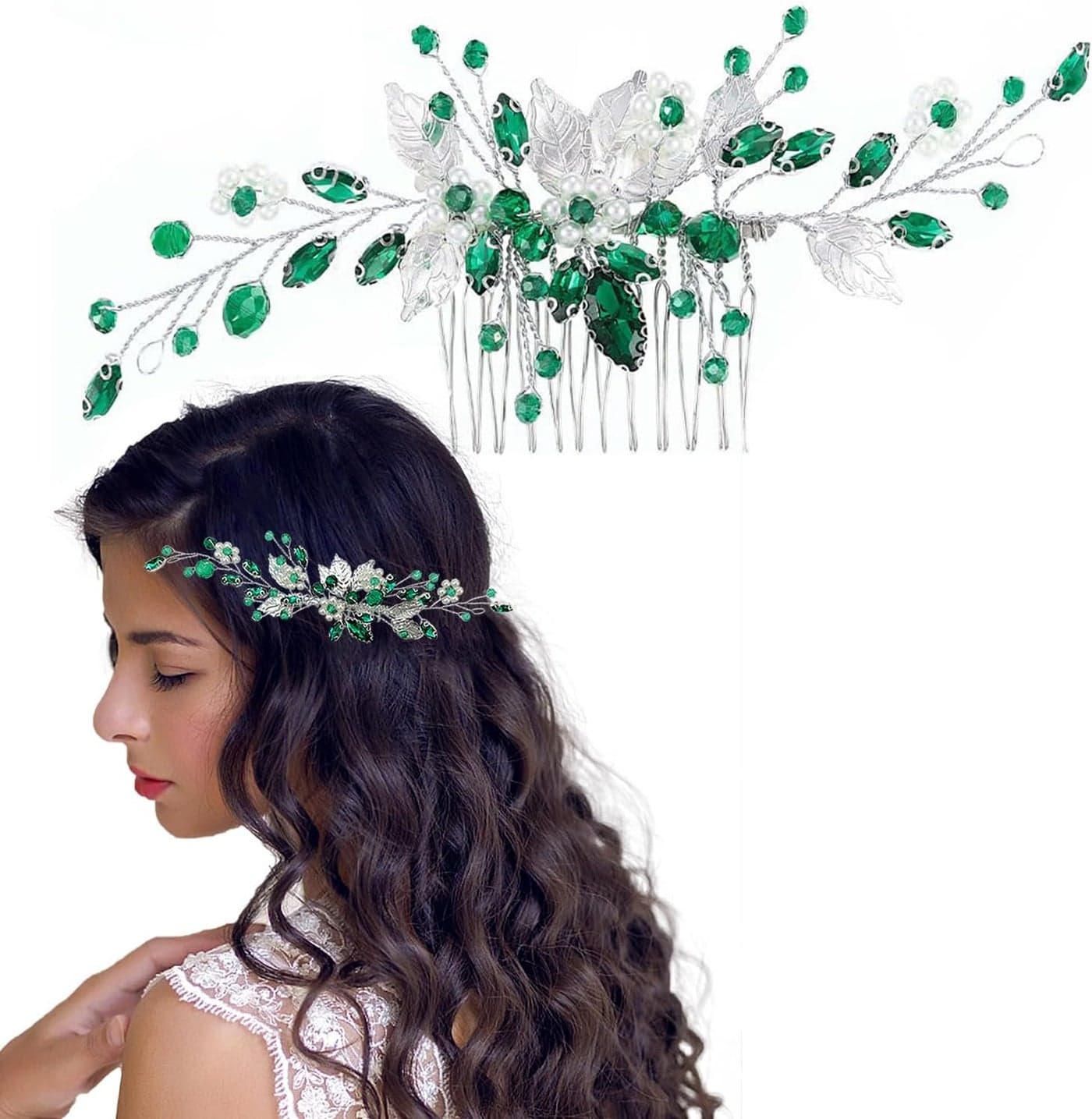 1 PCS Bridal Green Crystal Silver Leaves Hair CombWedding Rhinestone Hair Side Comb Fashion Hair Clip Handmade Hair Accessories for Bride Wedding Prom Girl Headpieces