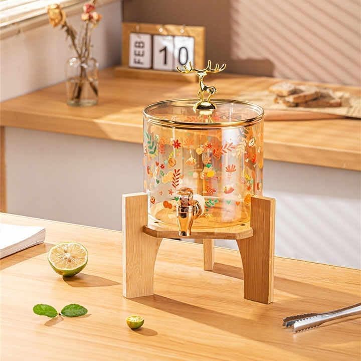 Bellemax 3 Litre Glass Iced Drink Dispenser Tap,Glass Lid and Wooden Stand– Cold Beverage Dispenser for Beer, Water, Cocktails, Detox Drinks & More, Perfect for Parties, Home & Events (BS-03)