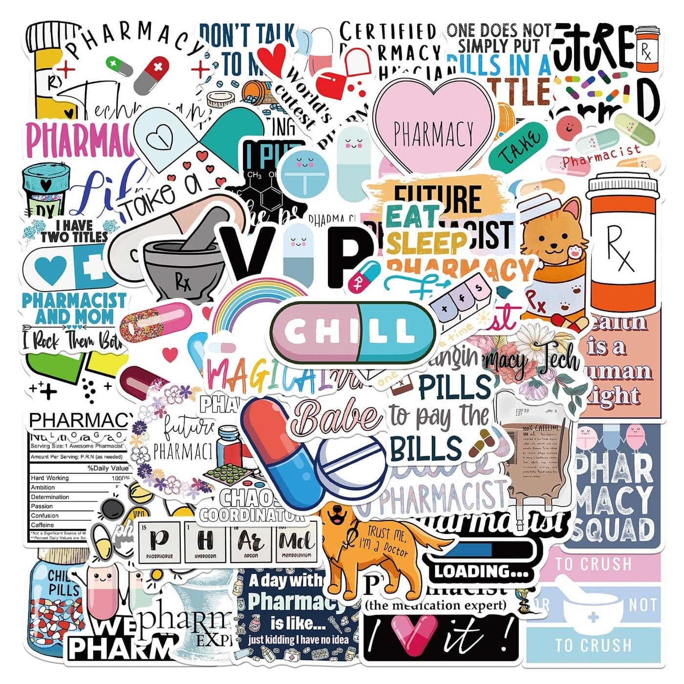 Cute Pharmacist Stickers Pharmacy Sticker Pack 50PCS Asverbet Apothecary Sticker Waterproof Vinyl Decals for Water Bottles Laptop Luggage Cup Adults Stickers