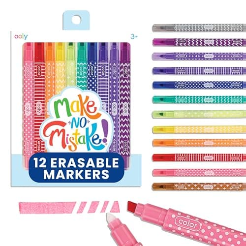 Ooly Make No Mistake Erasable Markers, 12 Stress and Mess Free Marker Pack You Can Erase, Drawing & Coloring Pens for Kids and Adults, Colorful Supplies for Any Arts & Crafts