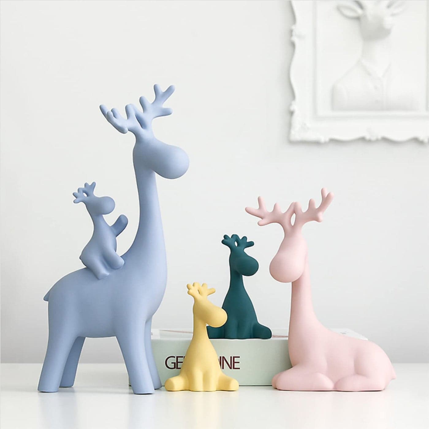 LADROX Reindeer Family Statue for Home Decor Resin Figurine Set Pack of 4 Pieces Multicolor