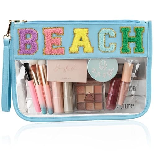 BuyCard Chenille Letter Bag Clear Beach Purse Clear Cosmetic Zipper Pouch for Travel Portable Waterproof Preppy Makeup Toiletry Flat With Zipper Organizer for Women Girls Blue