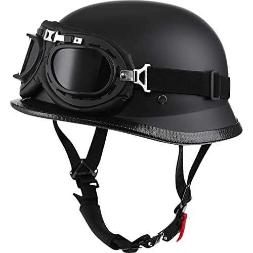 Yesmotor Helmet Half Shell German Motorcycle Helmet with Cycling Glasses - DOT Approved (X-Large, Matte Black & Black)