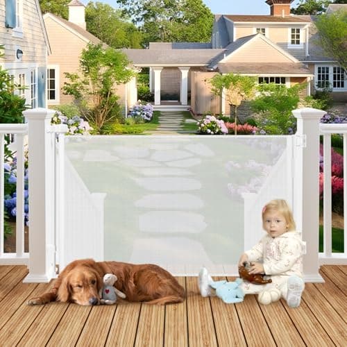 Weatherproof Outdoor Retractable Baby Gates for Decks 55 Wide Waterproof Retractable Dog Gate with No Rust Screws and Rods ScratchResistant Mesh Outdoor Baby GateFenceBarrierScreen White