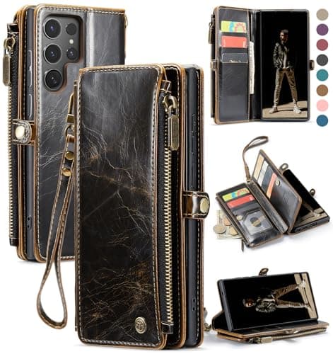 Defencase for Galaxy S25 Ultra Case Wallet with RFID Blocking Card Holder for Women Men PU Leather Magnetic Snap Flip Wrist Strap Zipper Wallet Phone Cases for Samsung Galaxy S25 Ultra 69 Coffee