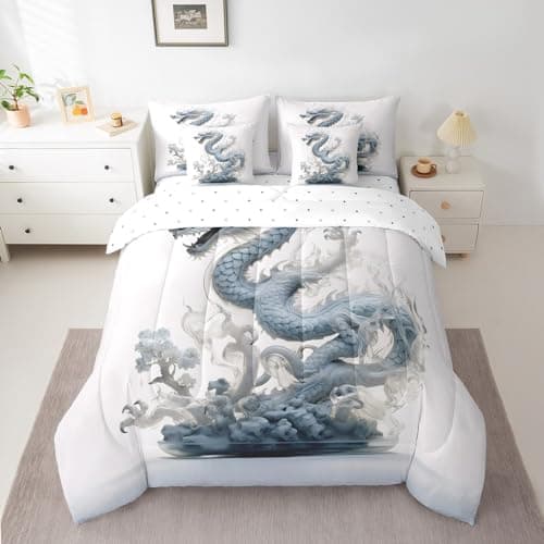 7 Pcs Dragon Comforter Set Twin Size, Mysterious Dragon Bed in a Bag with Top Sheet and Fitted Sheet for Kids and Adults, Dragon In The Clouds Bedding Set with Pillowcases & Shams(Twin,7-Piece)