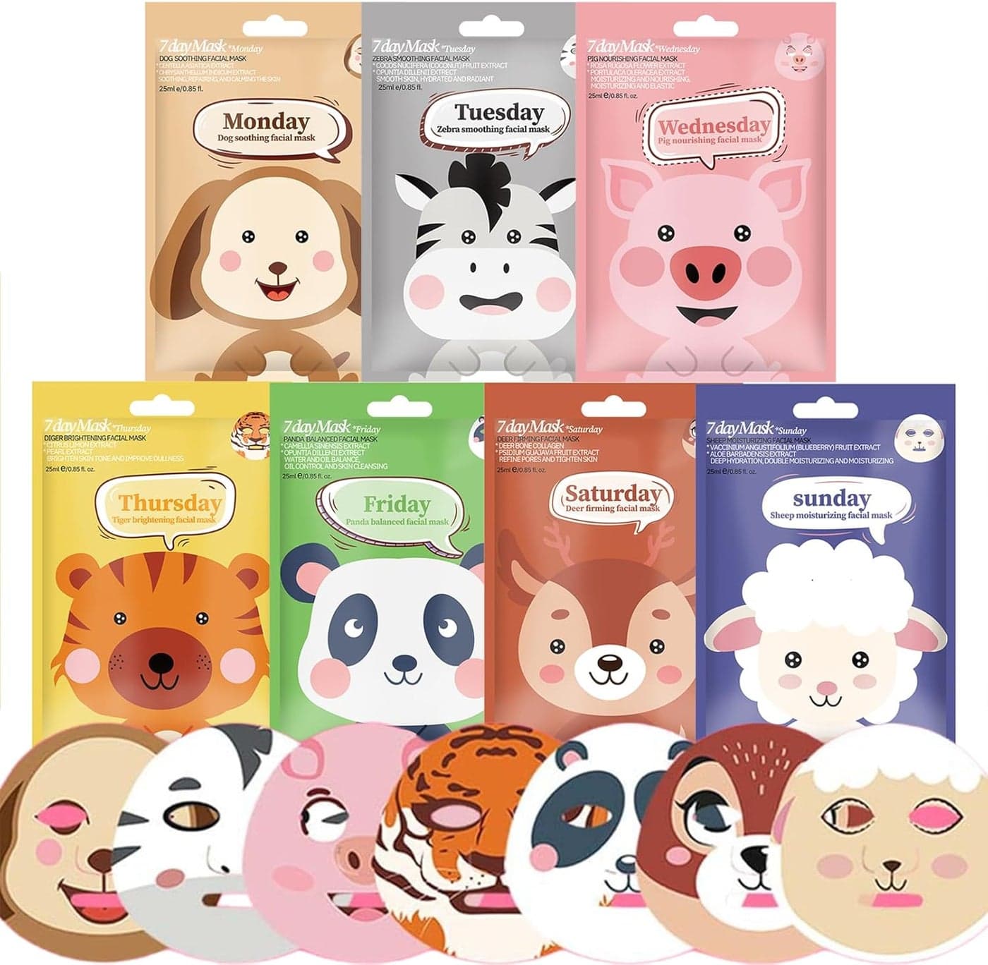 Sheet Face Masks Set 7Pcs Hydrating Face Masks for Teenage Girls Fun Animal Printed Sheet Masks Gift Set Moisturizing Brighten Soothe Facial Masks Skincare for All Skin Types