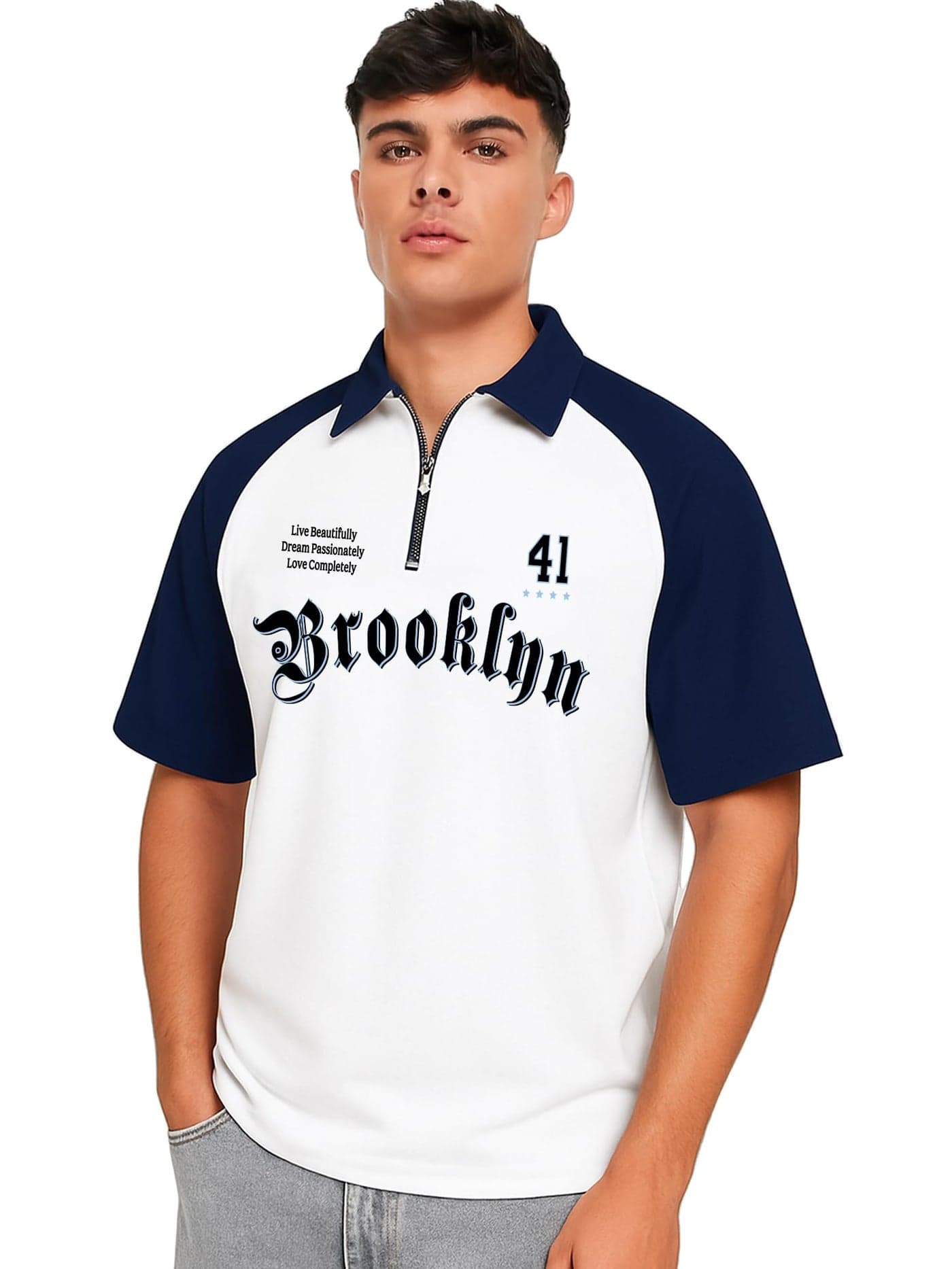 Jump Cuts Mens Printed Polo Neck Raglan Half Sleeve White Cotton Blend T-Shirt