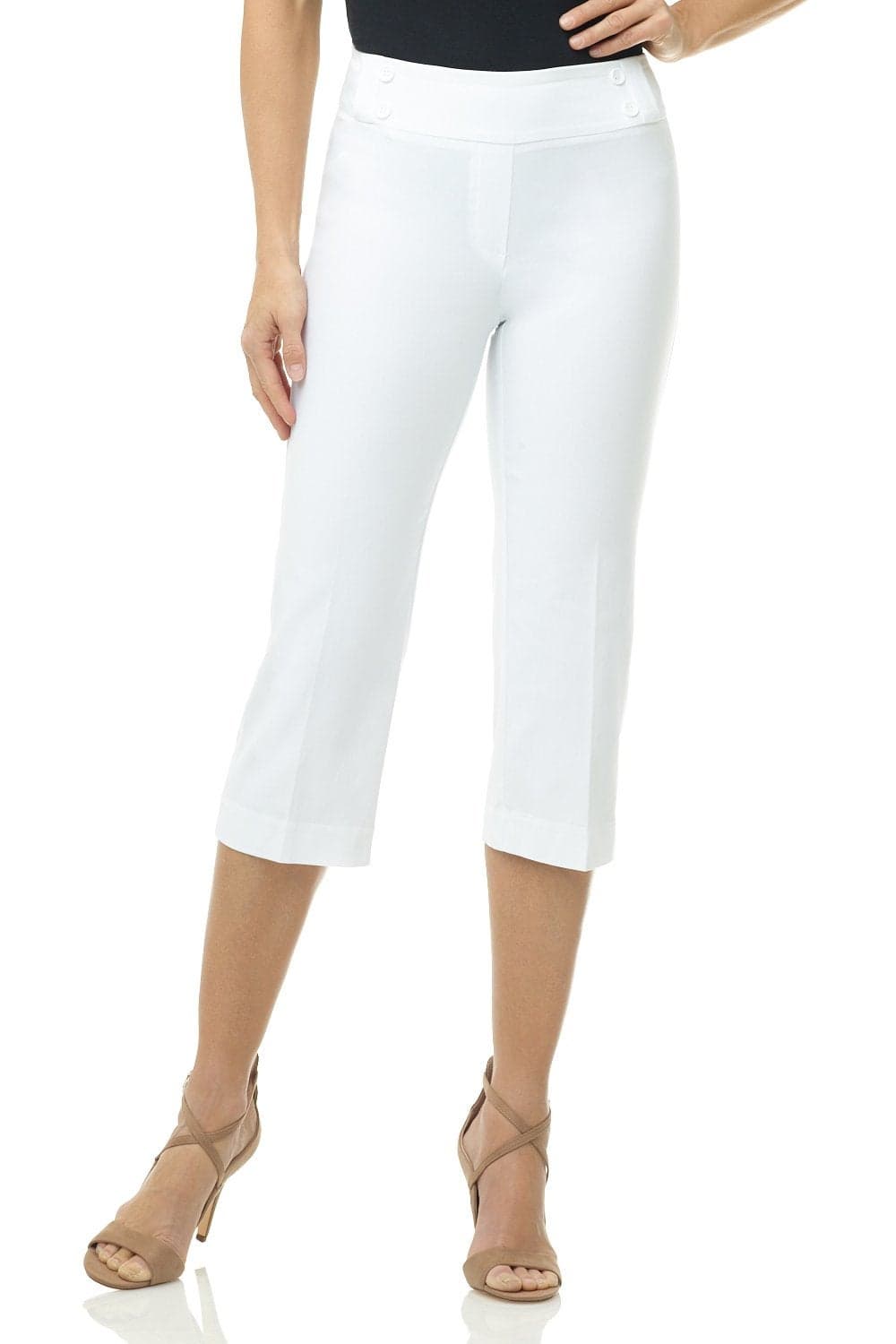 Rekucci Women’s Comfort Stretch Pull-On Capri Pants with Button Detail – Everyday Casual Wear (14, White)