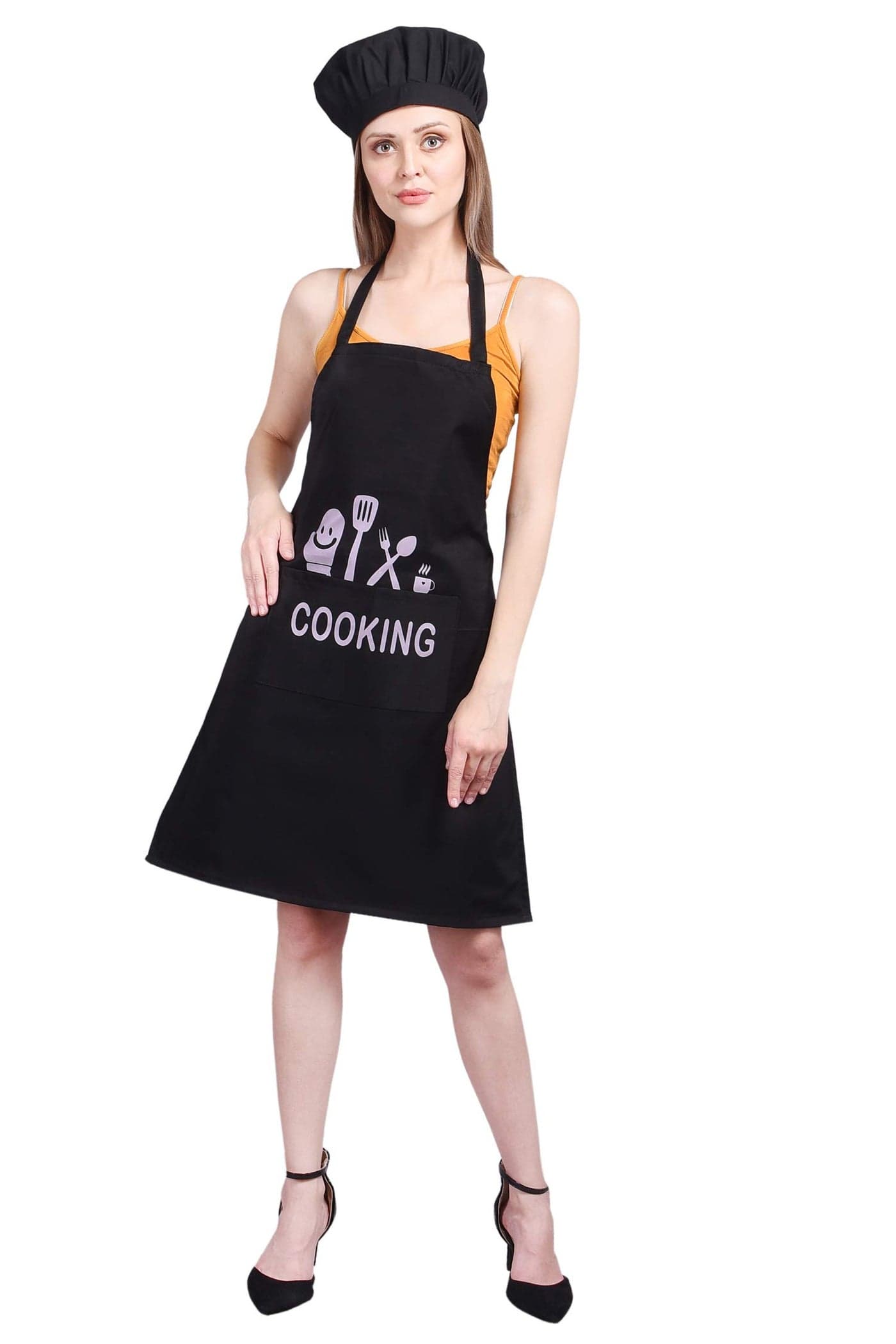 Tolexo Waterproof Polyester Printed Cooking Apron with Large Front Pocket & Chef Cap – Free Size | Kitchen, Home, Hotel, Café & Restaurant Use